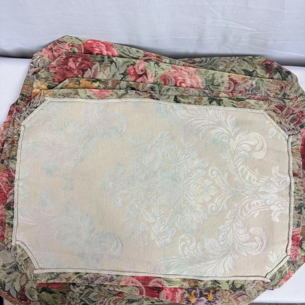 Vintage‎ Floral Tapestry Placemats Set of 6 Reversible Damask Rose Green Cream